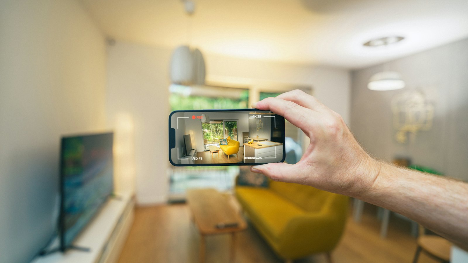 Celular fotografando uma sala de estar para o anúncio do imóvel